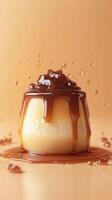 Delicious dessert with creamy texture topped with caramel sauce and chocolate drizzle against a soft orange background photo