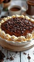 Delicious chocolate cream pie topped with whipped cream and chocolate shavings on a rustic wooden table photo