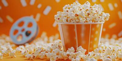 Popcorn in a striped bucket surrounded by scattered pieces and a film reel on an orange background photo