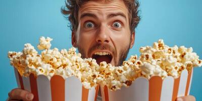 Excitement while holding giant popcorn buckets with bright blue background photo