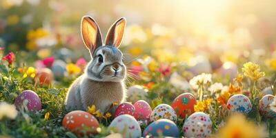 linda Conejo rodeado por vistoso Pascua de Resurrección huevos en un vibrante primavera jardín durante amanecer foto