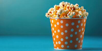 Freshly popped popcorn in a bright orange polka dot bucket on a vibrant blue surface photo