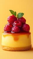 Delicious cheesecake topped with fresh raspberries and caramel drizzle on a vibrant yellow background photo