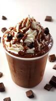 Delicious chocolate dessert topped with whipped cream and chocolate chips served in a clear cup photo
