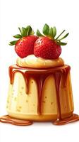 Perfect dessert creation featuring caramel flan topped with fresh strawberries and rich chocolate sauce photo