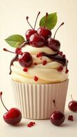 Delicious dessert featuring soft-serve ice cream topped with cherries and chocolate drizzle photo
