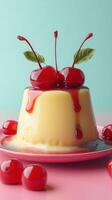 Delicious creamy dessert topped with bright red cherries and syrup against a soft pastel background photo