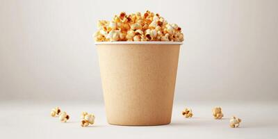 Popcorn in a kraft paper cup with scattered kernels ready for movie night at home photo