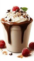 Delicious dessert topped with whipped cream and fresh raspberries in a sweet treat moment photo