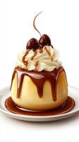 Decadent dessert featuring creamy caramel custard topped with whipped cream and chocolate drizzle photo