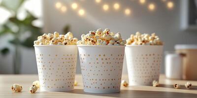 Three containers filled with fresh popcorn on a wooden table in a warm, cozy room decorated with string lights photo