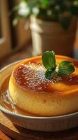 Flan served with mint leaves on a wooden table in a cozy kitchen photo