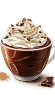 Delightful warm chocolate drink topped with whipped cream and chocolate shavings in a cozy setting photo