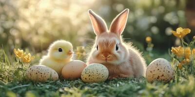 Cute bunny and chick together near decorative Easter eggs in a sunny meadow filled with flowers photo