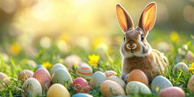 Cute rabbit surrounded by colorful Easter eggs on a sunny spring day in a lush green field photo