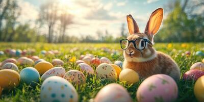 Cute rabbit with glasses sitting among colorful Easter eggs in a sunny field during springtime photo