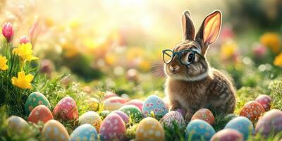 Rabbit wearing glasses among colorful Easter eggs in a blooming garden setting during springtime photo