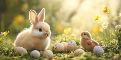 Cute bunny and chick surrounded by colorful eggs in a sunny meadow during springtime photo