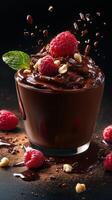 Indulgent chocolate dessert topped with fresh raspberries and mint leaves, perfect for any occasion photo