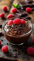 Decadent chocolate mousse topped with fresh raspberries and shaved chocolate on a rustic wooden table photo
