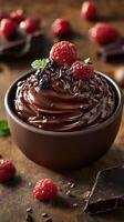 Decadent chocolate mousse topped with fresh berries on a rustic wooden table photo
