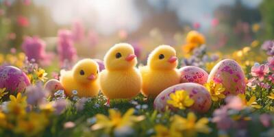 Yellow chicks exploring a vibrant spring meadow filled with flowers and decorated eggs photo