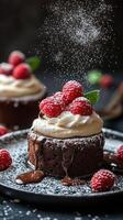 Decadent chocolate dessert with fresh raspberries and whipped cream on a dark plate photo
