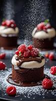 Delicious chocolate cake topped with fresh raspberries and cream in a stylish dessert setting photo