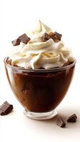 Decadent dessert featuring rich chocolate mousse topped with whipped cream and chocolate shavings served in a glass bowl photo