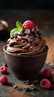 Rich chocolate dessert topped with fresh raspberries and mint leaves in a dark bowl on a textured background photo