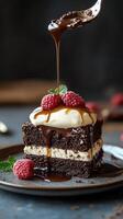 Decadent chocolate cake with cream, raspberries, and rich chocolate sauce served on a rustic plate photo