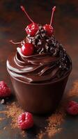 Delightful chocolate dessert topped with cherries and chocolate shavings on a rustic background photo