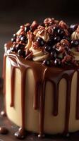 Delicious chocolate cake topped with nuts and chocolate drizzles on a dark background photo