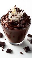 Indulgent chocolate dessert topped with whipped cream and chocolate shavings served in a glass bowl photo