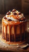 Caramel and coffee mousse cake topped with cream and chocolate beans in a cozy dessert setting photo