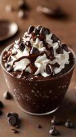 Delicious chocolate dessert featuring whipped cream and chocolate chips served in a glass dish on a wooden table photo