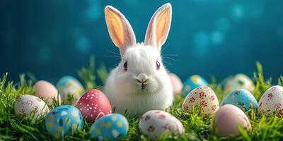 White rabbit surrounded by colorful Easter eggs on a grassy meadow with a vibrant blue background photo