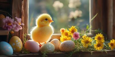 Chick standing among colorful eggs and flowers on a sunny spring day in a rustic window setting photo