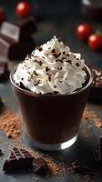 Delicious chocolate dessert with whipped cream and chocolate shavings ready for indulgence photo