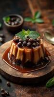 Dessert made with caramel sauce and coffee pearls on a wooden plate surrounded by fresh mint leaves photo