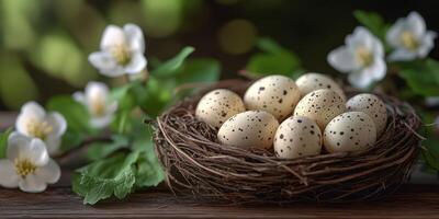 Nest with speckled eggs surrounded by blooming flowers and green leaves in a tranquil setting photo