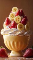 Delicious dessert creation featuring fresh strawberries and bananas on creamy whipped topping in a decorative bowl photo