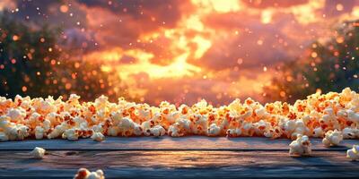 Warm sunset glow illuminating a field of popcorn scattered on a wooden surface photo