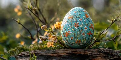Colorful decorative egg rests on a wooden surface surrounded by vibrant flowers in a lush garden setting during springtime photo