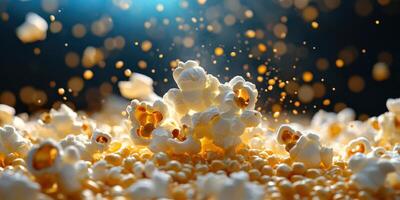 Popcorn bursts into the air, creating a delightful display of fluffy snacks in a lively atmosphere photo