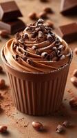 Rich chocolate cupcake topped with swirls of frosting and chocolate shavings on a cozy brown surface photo