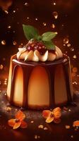 Delightful dessert creation featuring rich chocolate glaze and vibrant garnishes in a warm setting photo