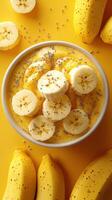 Bright yellow smoothie bowl topped with banana slices and chia seeds in a fun kitchen setting photo