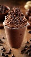 Delicious chocolate dessert with whipped cream and chocolate curls on a rustic wooden table photo