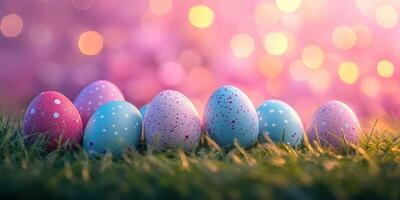 Colorful Easter eggs arranged on grass with a festive background during springtime celebration photo